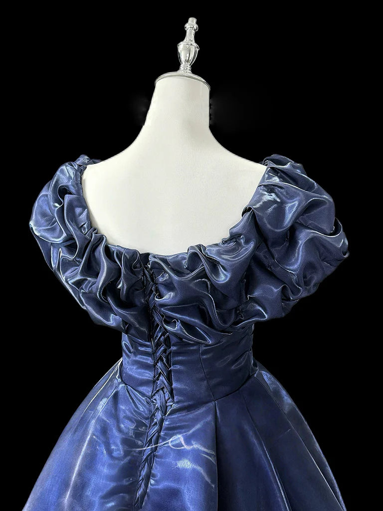 Gorgeous A-Line Off Shoulder Satin Dark Blue Long Prom Dress, Dark Blue Long Formal Dress DP3155