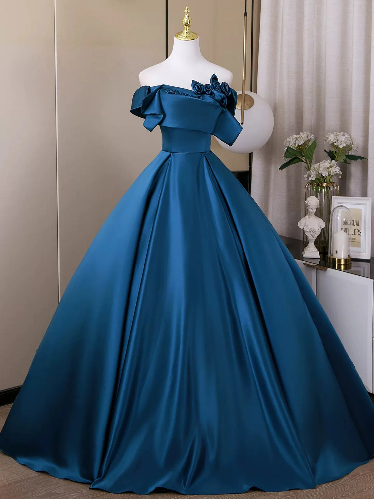 Elegant Off Shoulder A-Line Satin Long Prom Dress, Blue Formal Dresses DP3158