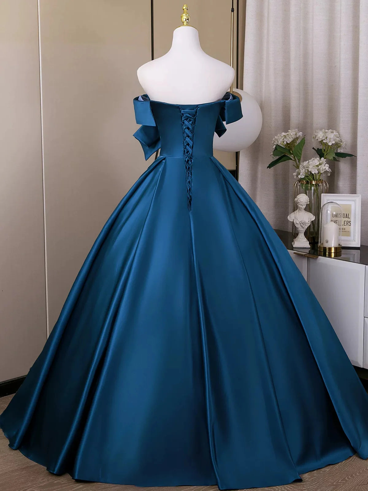 Elegant Off Shoulder A-Line Satin Long Prom Dress, Blue Formal Dresses DP3158