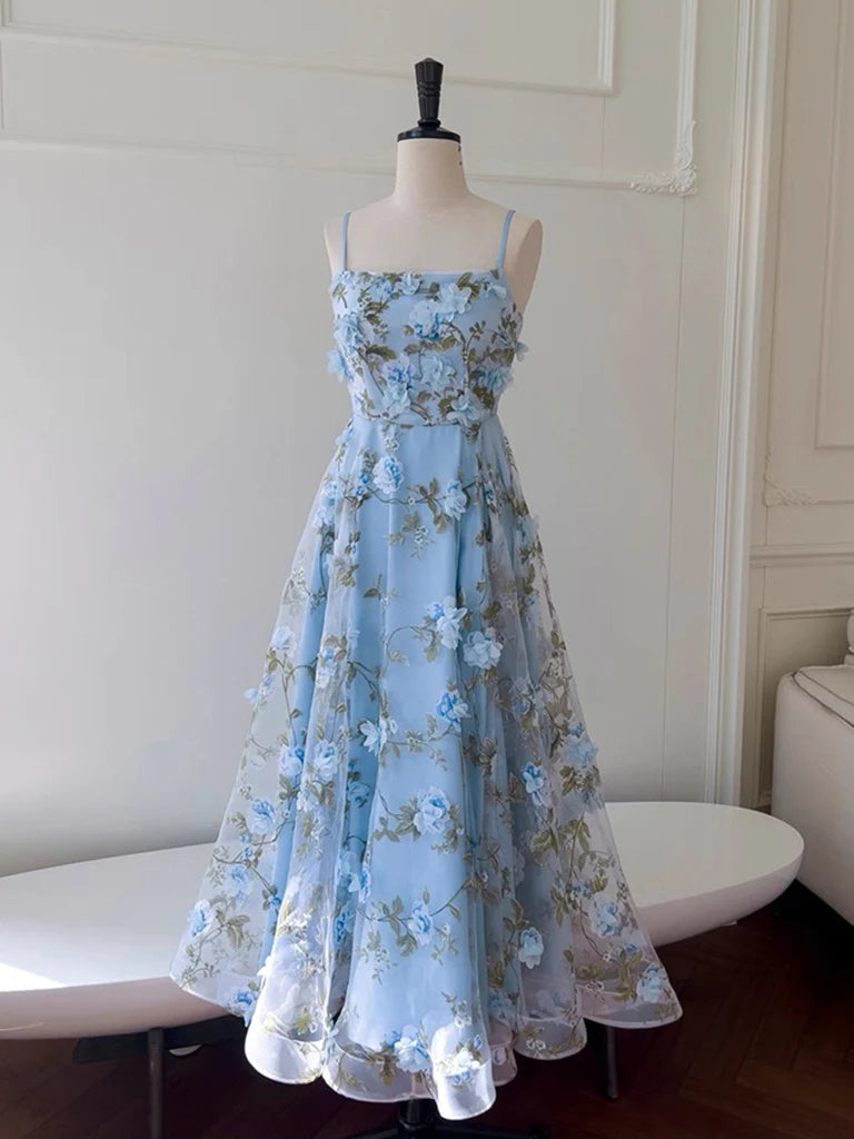Cute Spaghetti Straps A-Line Tulle Floral Long Prom Dresses, Sky Blue Formal Evening Dresses DP3162
