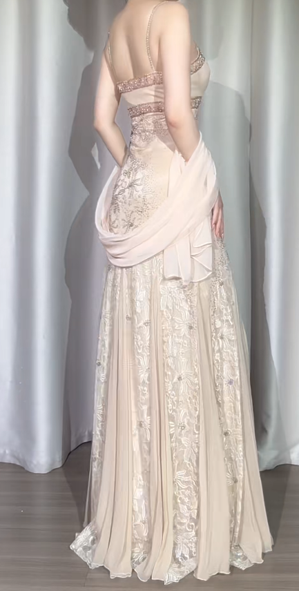 Vintage Spaghetti Straps Sheath Chiffon Long Prom Dresses, Light Champagne Formal Evening Dresses DP3163