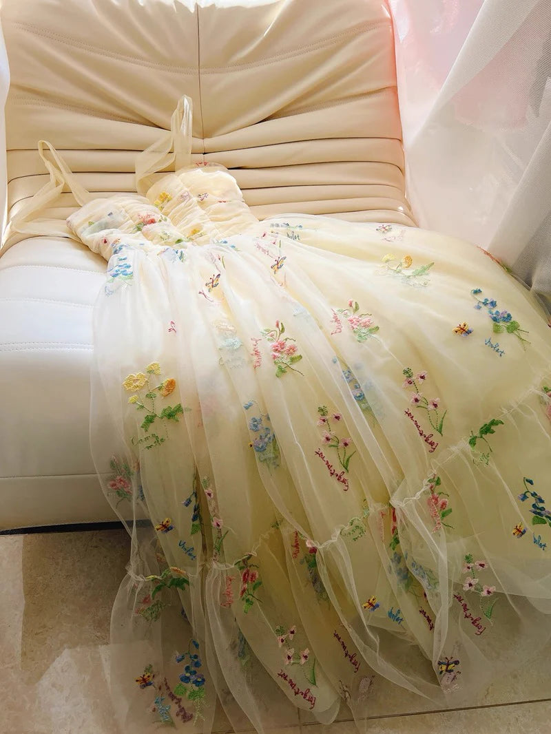 Cute Straps A-Line Tulle Floral Long Prom Dresses, Pale Yellow Formal Evening Dresses DP3164