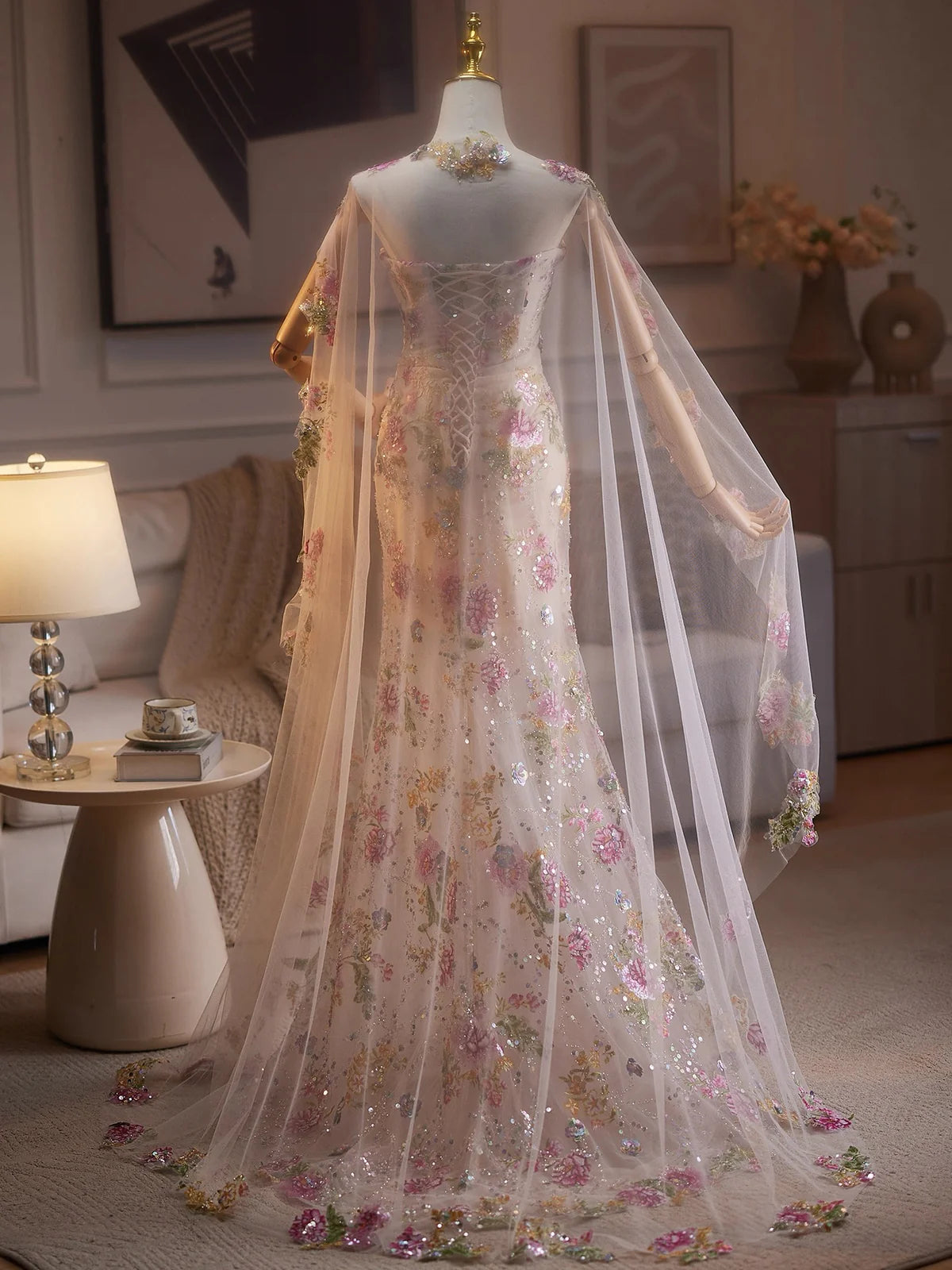 Glam Strapless Mermaid Tulle Long Prom Dresses, Floral Formal Evening Dresses DP3165