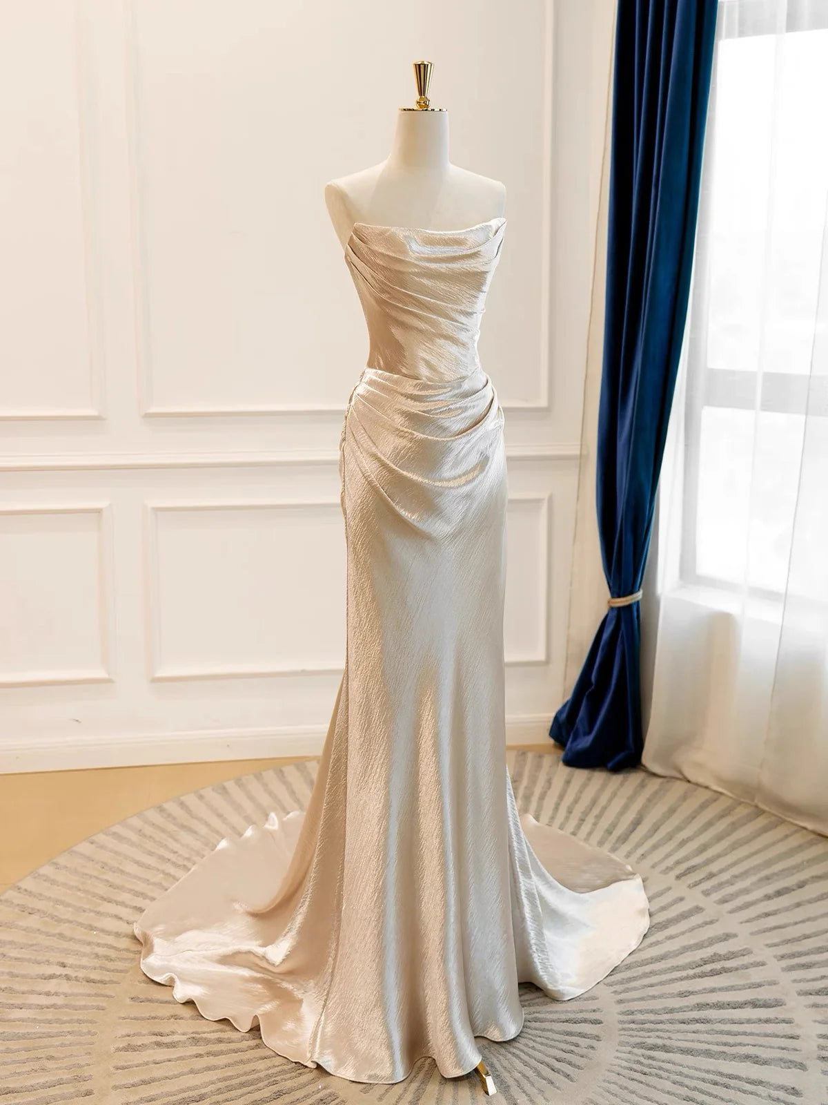 Glam Strapless Sheath Satin Long Prom Dresses, Champagne Formal Evening Dresses DP3166