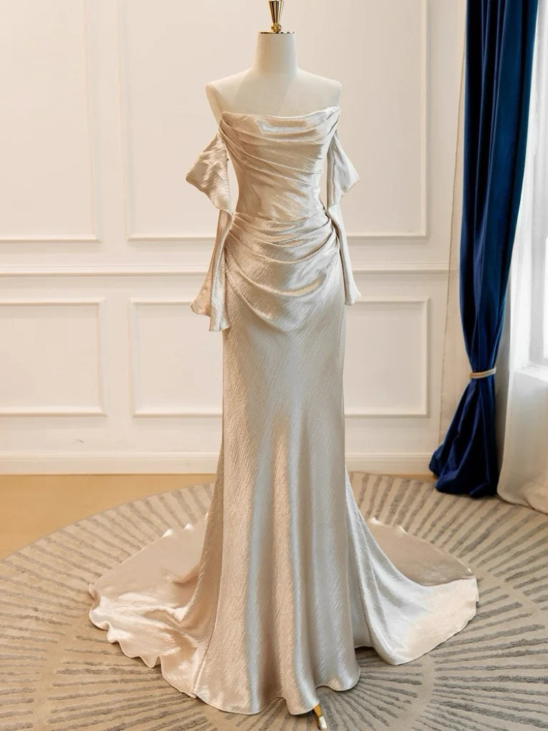 Glam Strapless Sheath Satin Long Prom Dresses, Champagne Formal Evening Dresses DP3166