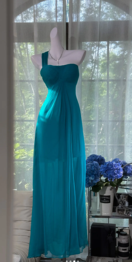 Vintage One-Shoulder Sheath Chiffon Long Prom Dresses, Turquoise Formal Evening Dresses DP3167