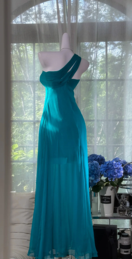 Vintage One-Shoulder Sheath Chiffon Long Prom Dresses, Turquoise Formal Evening Dresses DP3167