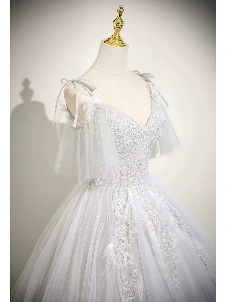 Cute V neck A-Line Tulle Long Prom Dresses, White Sweet 16 Dresses DP3169