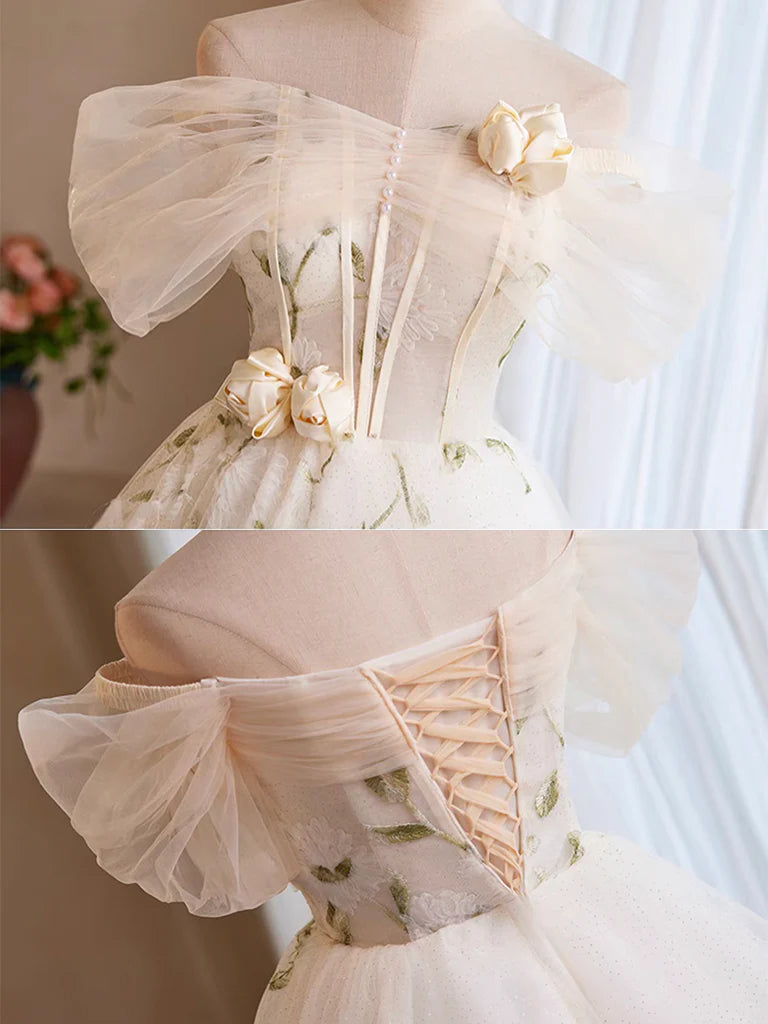 Gorgeous Off-the-shoulder A-Line Tulle Short Prom Dresses, White Homecoming Dresses DP3173