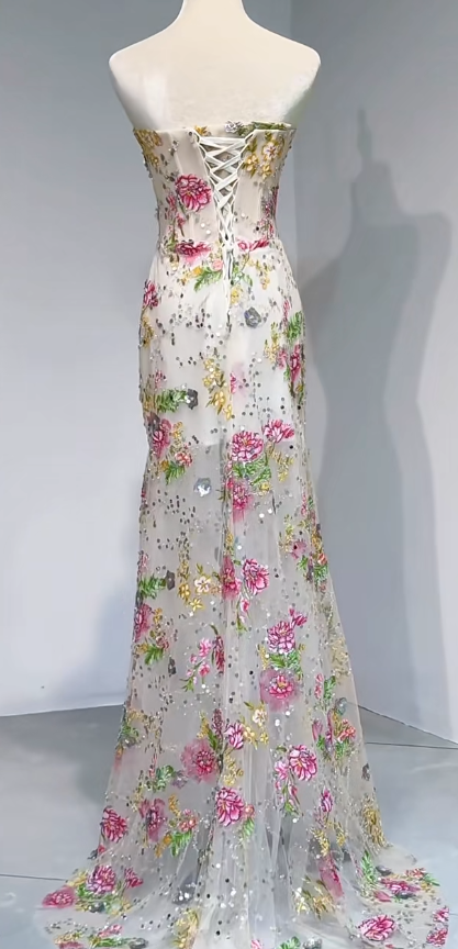 Glam Strapless Sheath Long Prom Dresses Floral Formal Dresses DP3192