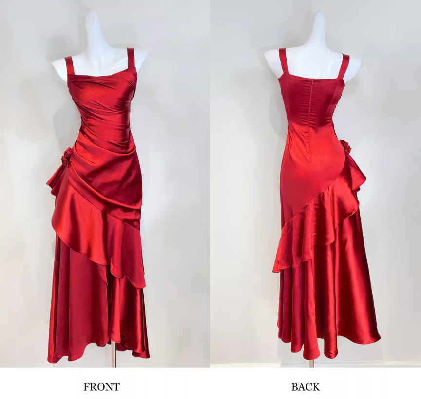 Gorgeous Sheath Long Prom Dresses Satin Sleeveless Formal Dresses Ruffle Burgundy Birthday Dresses DP3258