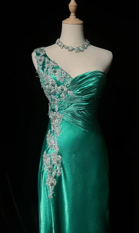 Vintage Sheath Long Evening Dresses Sleeveless Satin Formal Dresses One Shoulder Green Wedding Guest Dresses DP3260