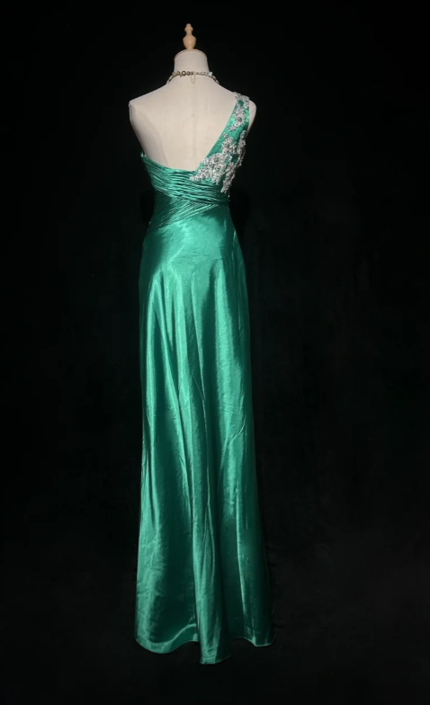 Vintage Sheath Long Evening Dresses Sleeveless Satin Formal Dresses One Shoulder Green Wedding Guest Dresses DP3260