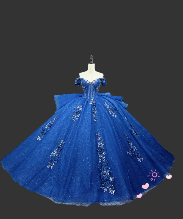 Gorgeous Off-the-Shoulder Ball Gown Tulle Applique Long Prom Dresses Royal Blue Quinceanera Dresses Sparkly Sweet 16 Dresses DP3268