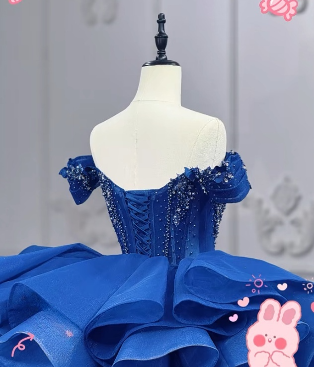 Gorgeous Off-the-Shoulder Ball Gown Tulle Applique Long Prom Dresses Royal Blue Quinceanera Dresses Sparkly Sweet 16 Dresses DP3268