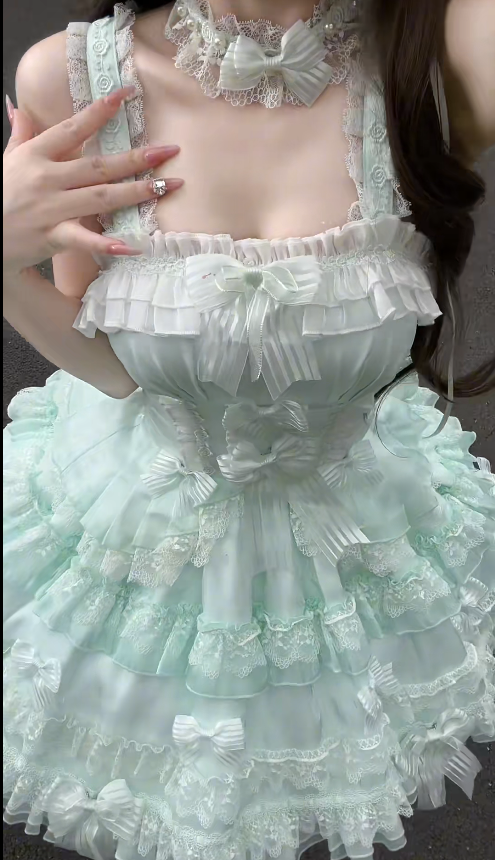 Cute Square Neck Ball Gown Chiffon Lace Short Prom Dresses Mint Green Birthday Outfit Sleeveless Lolita Dresses DP3270