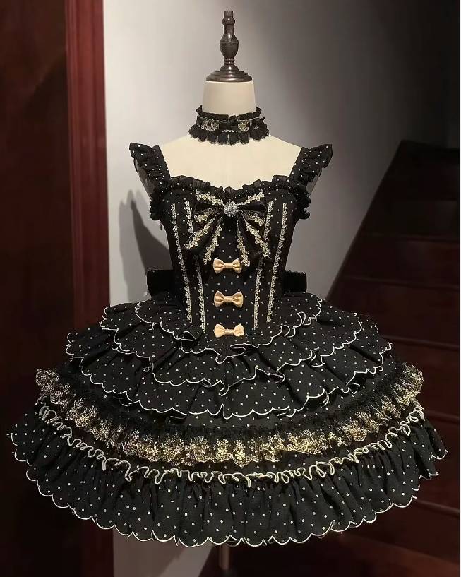Gorgeous Strapless Ball Gown Polka Dot Short Prom Dresses Black Birthday Outfit Sleeveless Lolita Dresses DP3271