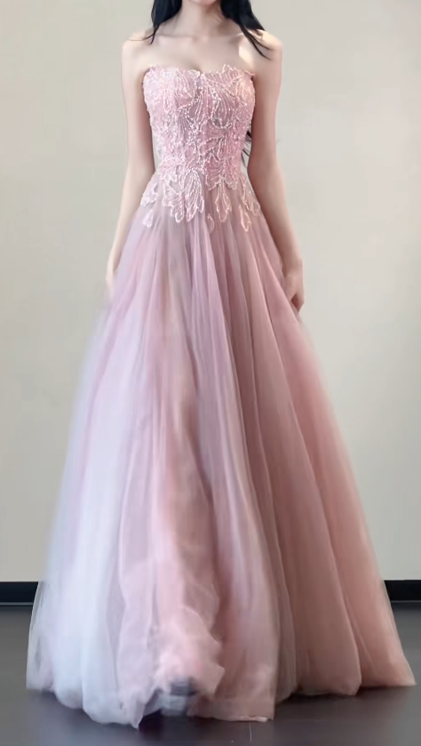 Gorgeous Strapless A-Line Long Prom Dresses Tulle Pink Sweet 16 Dresses DP3273