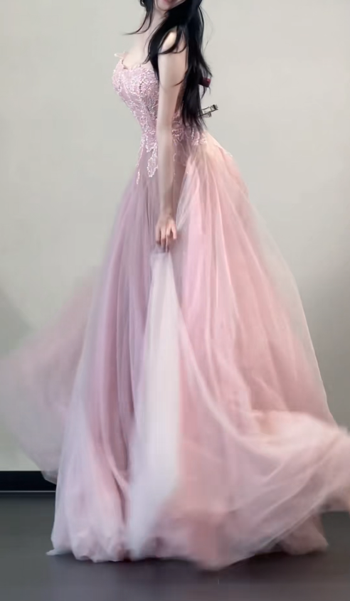 Gorgeous Strapless A-Line Long Prom Dresses Tulle Pink Sweet 16 Dresses DP3273
