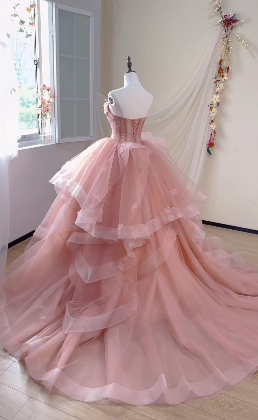 Gorgeous Strapless Ball Gown Tulle Applique Long Prom Dresses Pink Quinceanera Dress Sleeveless Sweet 16 Dresses DP3275