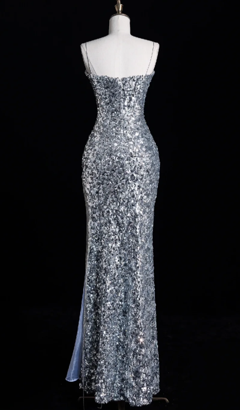 Elegant Spaghetti Straps Mermaid Long Prom Dresses Silver Sequin Formal Dresses Sleeveless Evening Dresses DP3277