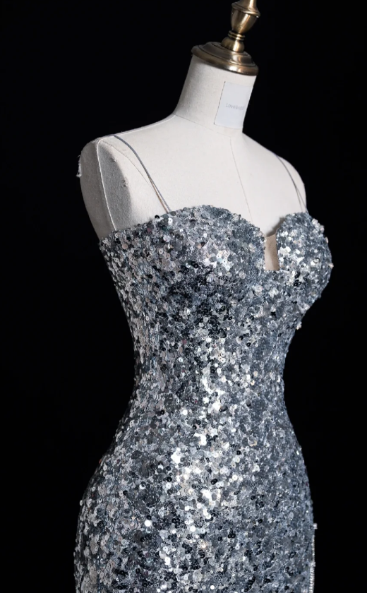 Elegant Spaghetti Straps Mermaid Long Prom Dresses Silver Sequin Formal Dresses Sleeveless Evening Dresses DP3277