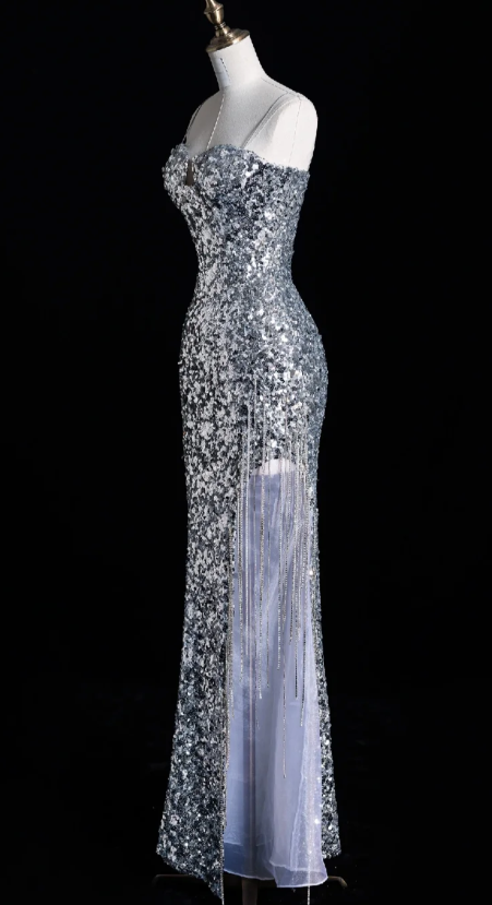 Elegant Spaghetti Straps Mermaid Long Prom Dresses Silver Sequin Formal Dresses Sleeveless Evening Dresses DP3277