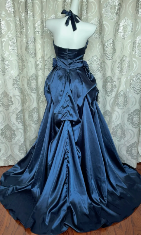 Vintage Halter A-Line Long Prom Dresses Satin Navy Blue Formal Dresses Sleeveless Evening Dresses DP3278