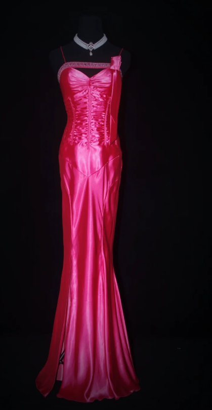 Elegant Spaghetti Strap Sheath Long Prom Dresses Satin Hot Pink Formal Dresses Sleeveless Evening Dresses DP3279