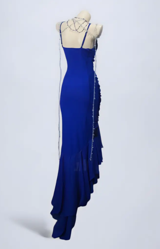 Elegant Spaghetti Strap Mermaid Long Prom Dresses Chiffon Blue Formal Dresses Sleeveless Evening Dresses DP3280