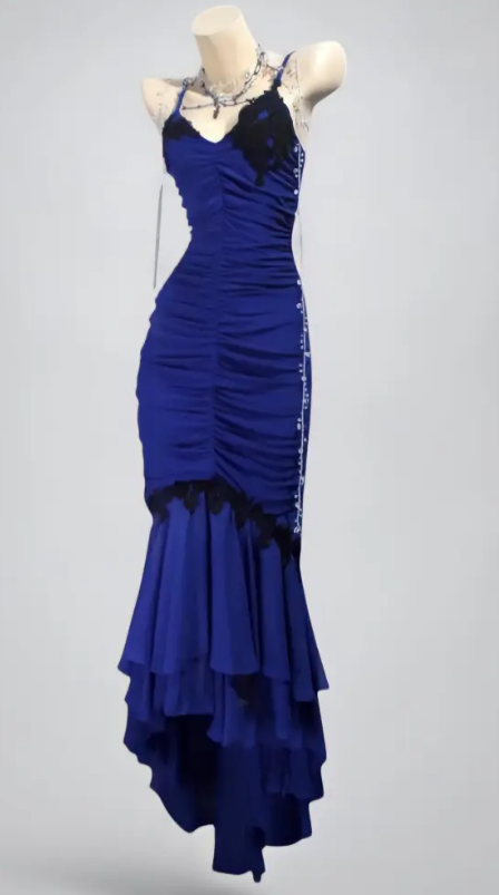 Elegant Spaghetti Strap Mermaid Long Prom Dresses Chiffon Blue Formal Dresses Sleeveless Evening Dresses DP3280