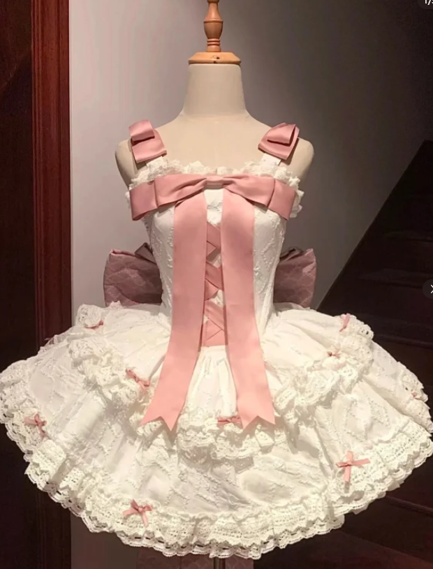 Sweet Strap Ball Gown Lace Short Birthday Outfit Cute Sleeveless Lolita Dresses DP3282