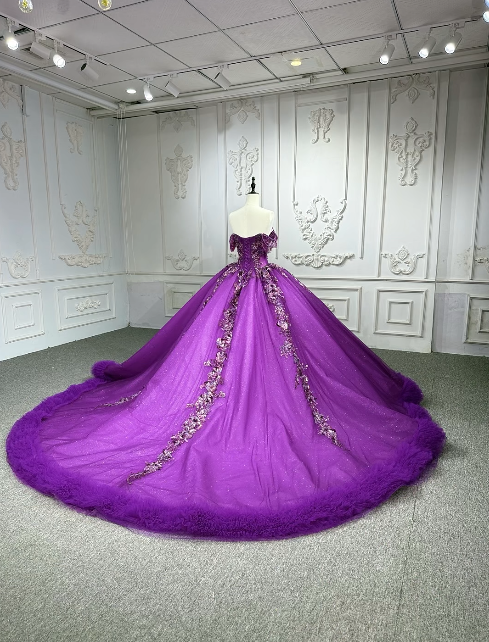 Gorgeous Off-the-Shoulder Ball Gown Tulle Long Prom Dresses Beaded Purple Quinceanera Dresses Sweet 16 Dress DP3292