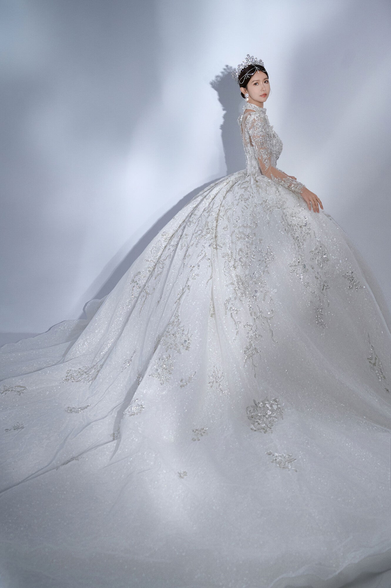 Elegant Sweetheart Neck Ball Gown Trailing Wedding Dresses Tulle Beaded White Bridal Gowns DP3300