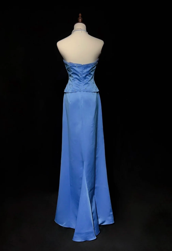 Vintage Asymmetric Neck Sheath Long Evening Dresses Satin Blue Guest Dress DP3303
