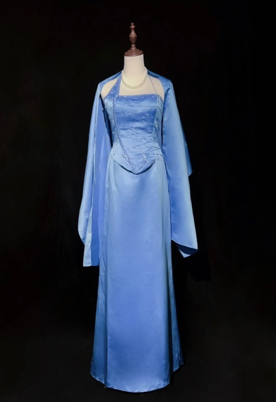 Vintage Asymmetric Neck Sheath Long Evening Dresses Satin Blue Guest Dress DP3303