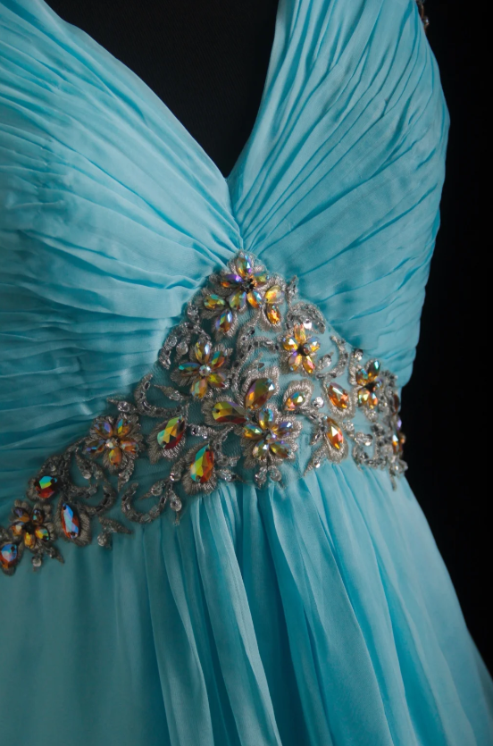 Vintage V-neck A-Line Long Evening Dresses Chiffon Turquoise Prom Dresses DP3304