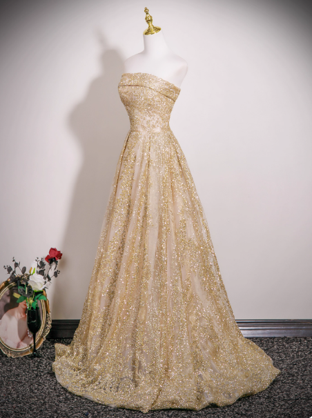 Gorgeous Strapless A-Line Long Evening Dresses Tulle Gold Prom Dresses DP3305