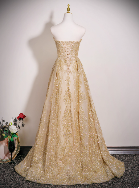 Gorgeous Strapless A-Line Long Evening Dresses Tulle Gold Prom Dresses DP3305