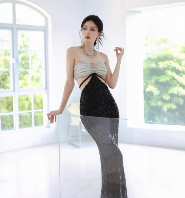 Sexy Strapless Mermaid Long Evening Dresses Beaded Sequin Party Dresses Black Prom Dresses DP3306