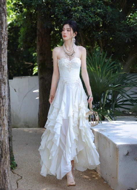 Sweet Sweetheart Neck Sheath Long Evening Dresses Chiffon Party Dresses White Birthday Dresses DP3307