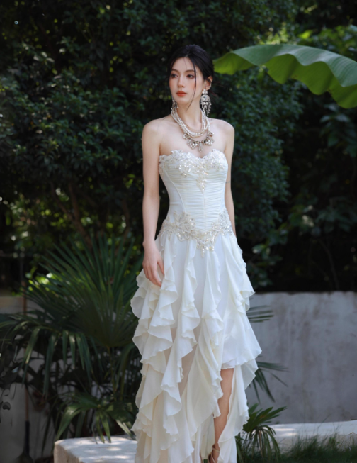 Sweet Sweetheart Neck Sheath Long Evening Dresses Chiffon Party Dresses White Birthday Dresses DP3307