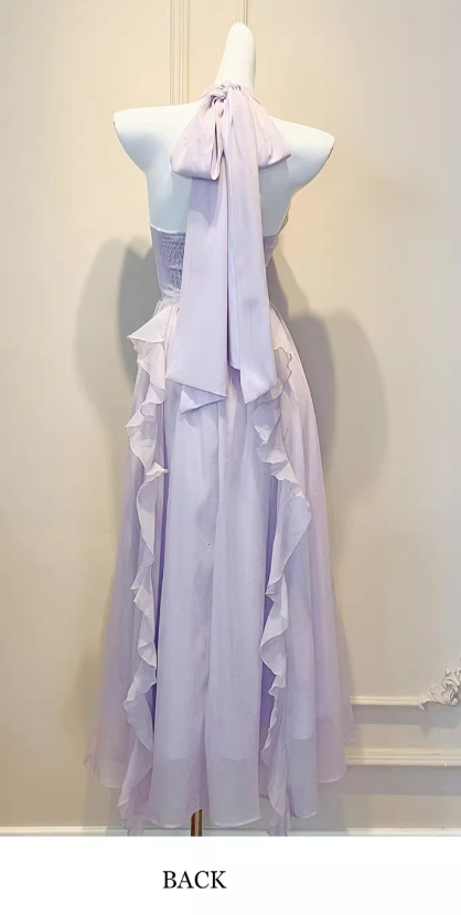 Sweet V-neck Sheath Long Evening Dresses Chiffon Ruffles Backless Party Dresses Purple Birthday Dresses DP3308