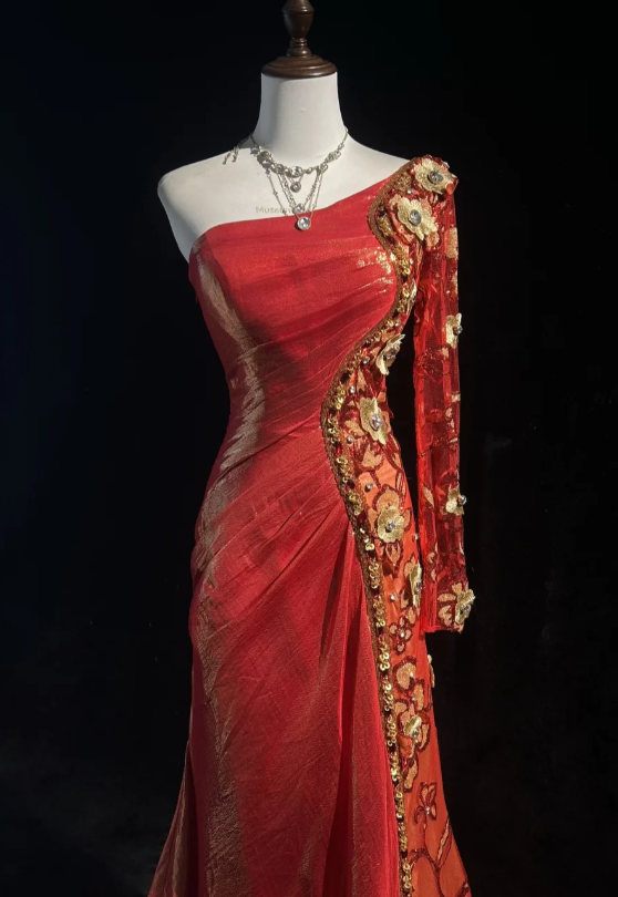 Elegant One Shoulder Sheath Long Evening Dresses Satin Red Prom Dresses DP3309