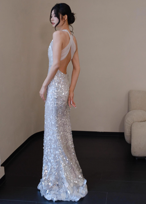 Sexy V neck Mermaid Long Prom Dresses Sequin White Evening Dresses DP3315