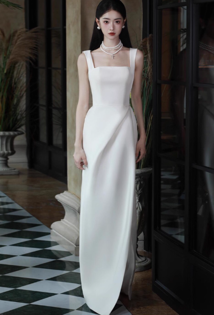 Elegant Square Neck Sheath Long Prom Dresses Satin White Evening Dresses DP3316