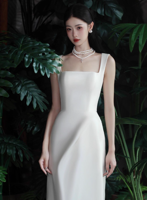 Elegant Square Neck Sheath Long Prom Dresses Satin White Evening Dresses DP3316