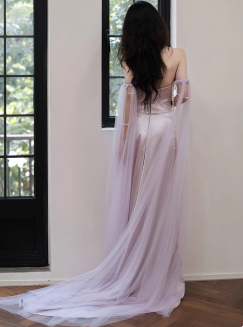 Elegant Off-the-shoulder Sheath Long Prom Dresses Satin Light Purple Evening Dresses DP3318