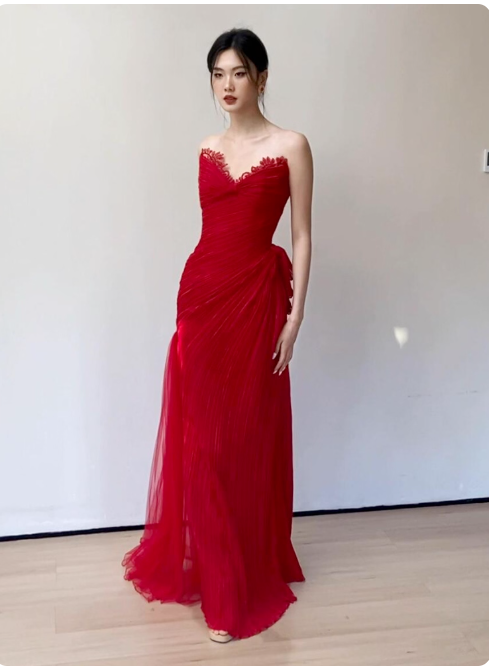 Elegant Sweetheart Neck Sheath Long Prom Dresses Lace Red Evening Dresses DP3319