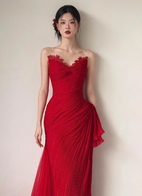 Elegant Sweetheart Neck Sheath Long Prom Dresses Lace Red Evening Dresses DP3319